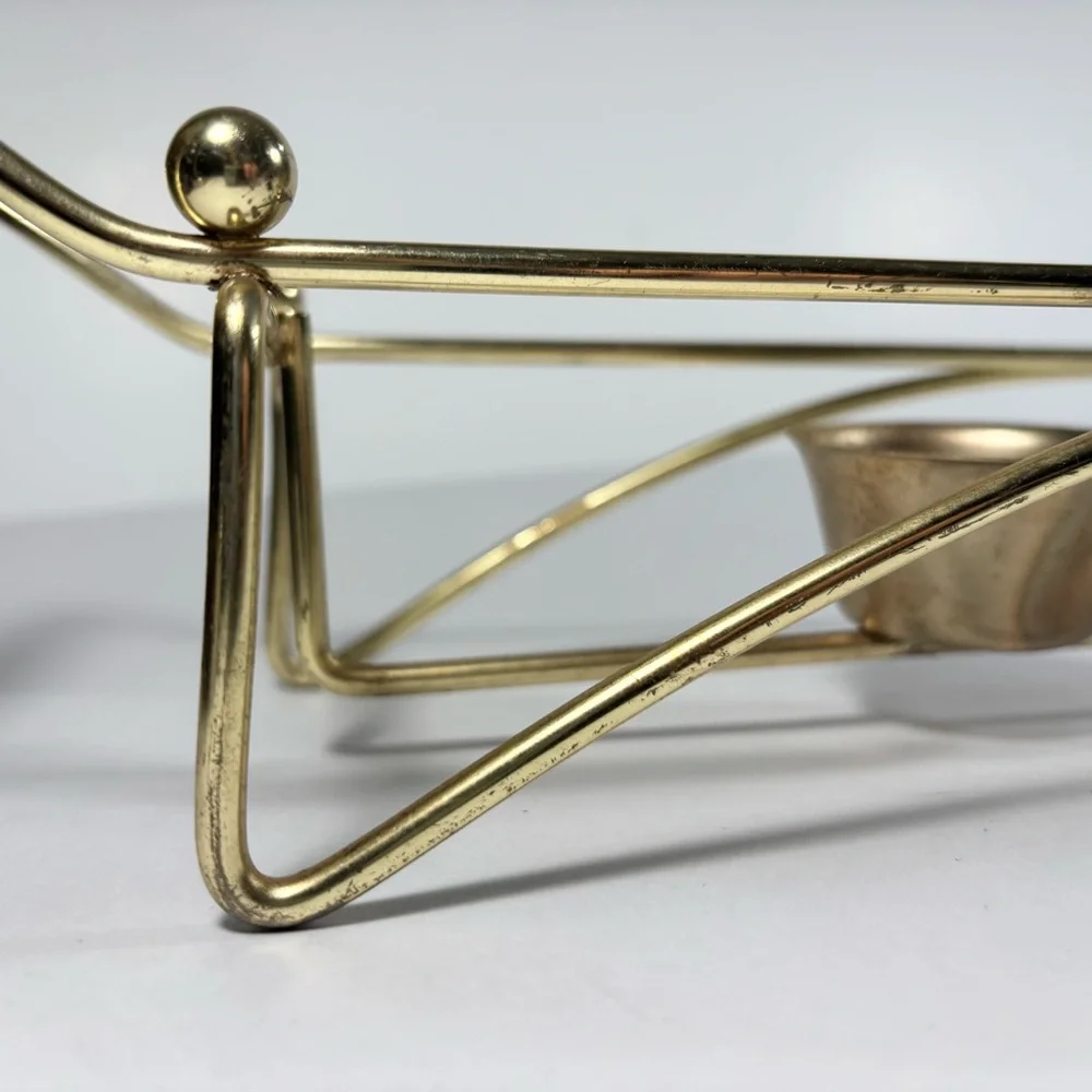 MCM Gold Metal‎ Rectangle Casserole Serving Dish Holder Warmer Wood Handles